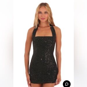 Lucy in the Sky Los Angeles | Sequin Striped Halter Dress in Black EUC
